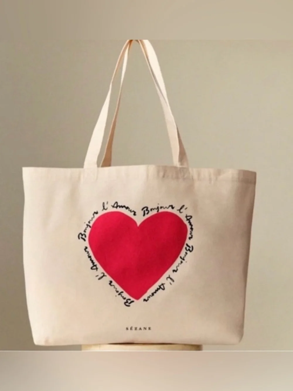Sezane Limited Edition Canvas Heart Tote Bag, Ivory, Red Heart, Never Used, NEW